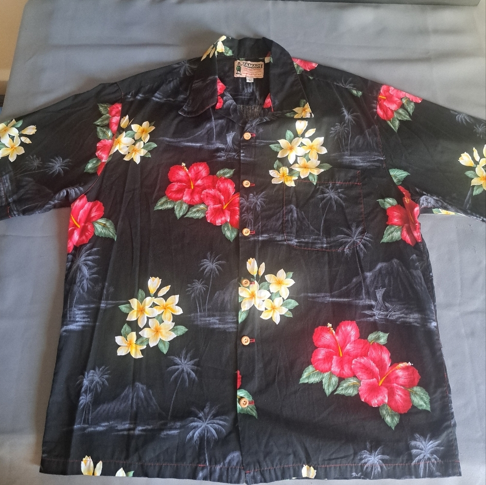 VINTAGE Tamare Hawaiian Shirt Dr Gonzo Black‎ Floral Aloha Beach Large